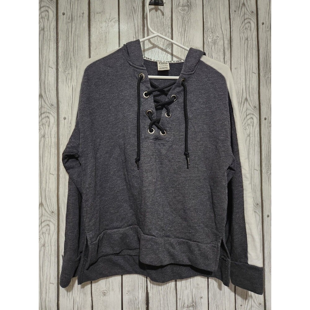 Victoria's Secret PINK Hoodie XS Logo Gray White Stripe Lace Up Neckline Slits